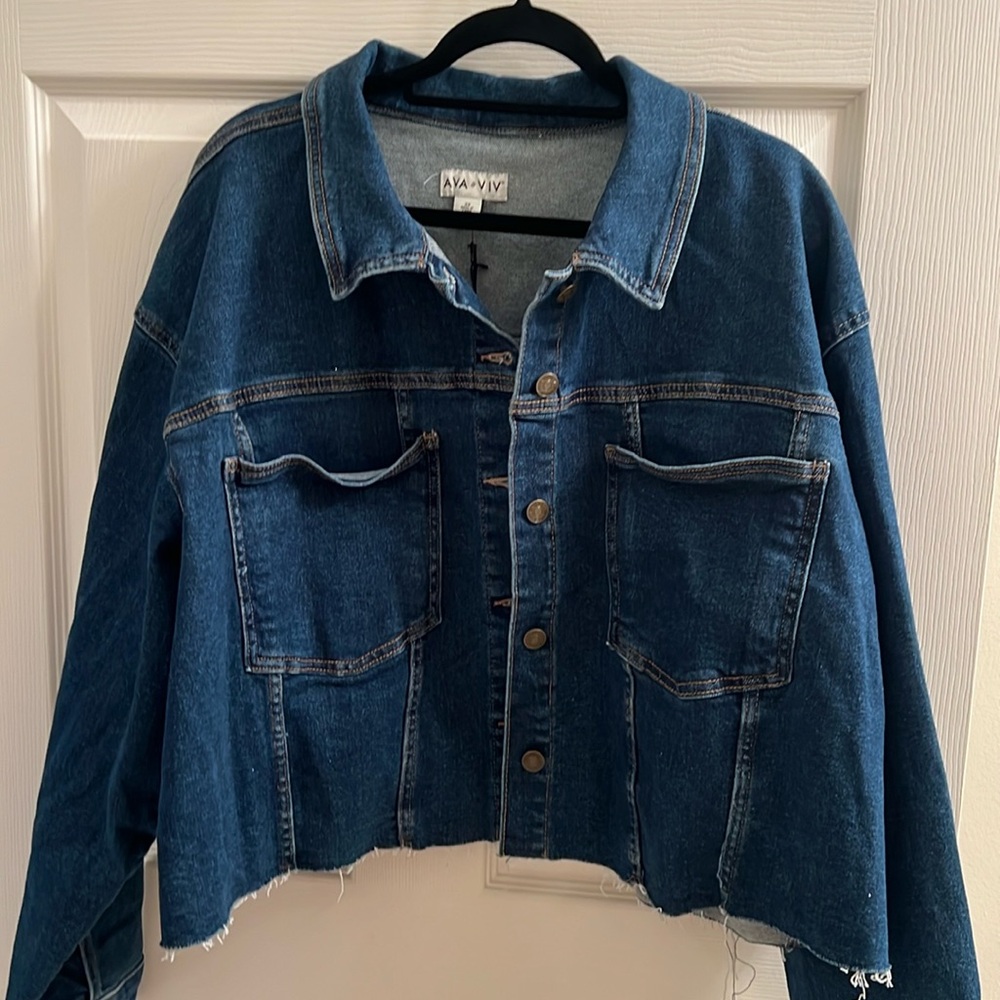 Ava and Viv cut off plus size denim jacket with hamsa sequined patch on the back
